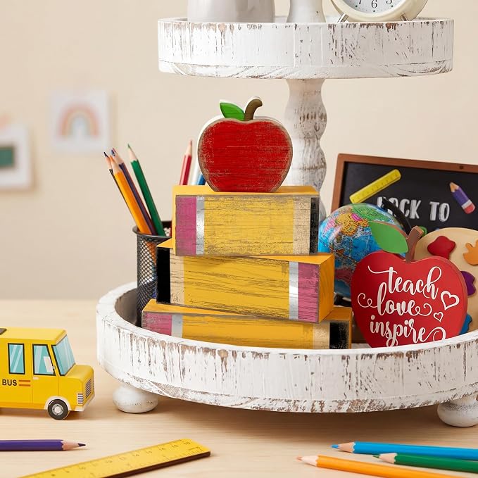 Lineshading 4 Pcs Back To School Table Decor Wooden Apple Block Signs | Back to School Teacher Decor, Pencil Apple Blocks for Classroom Tiered Tray, Rustic Farmhouse Tabletop Signs Gift