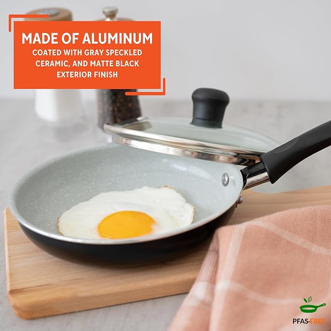 IMUSA 6.3 Inch Premier Cera Aluminum Gray Speckled Ceramic Egg Pan | Perfect for Single-serve Breakfasts and Snacks, Lightweight Aluminum Body, Cool-touch Handle, Glass Lid for Easy Monitoring