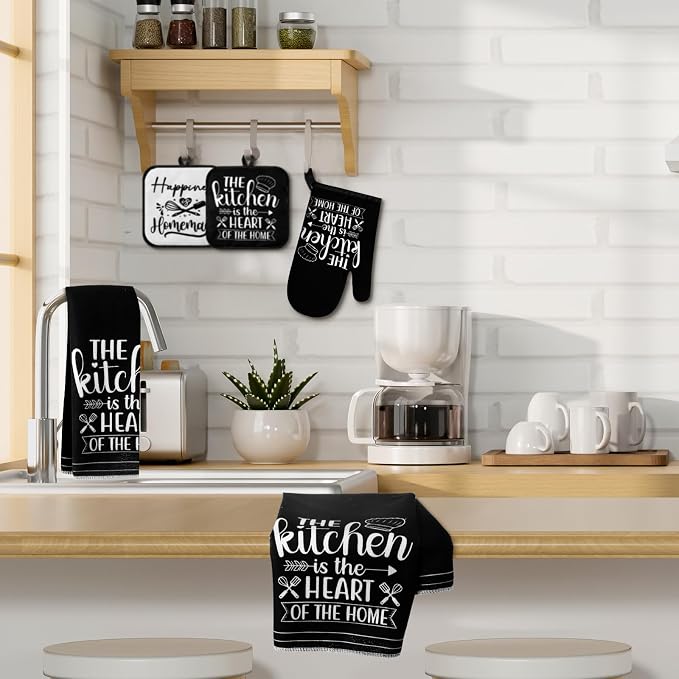 Sratte 6 Pcs Kitchen Decor Accessories Set, Kitchen, White | Farmhouse Kitchen Towels Pot Holders Oven Mitts Set 2 Dish Towels 2 Potholders 2 Cooking Mittens for Baking Cooking Supply