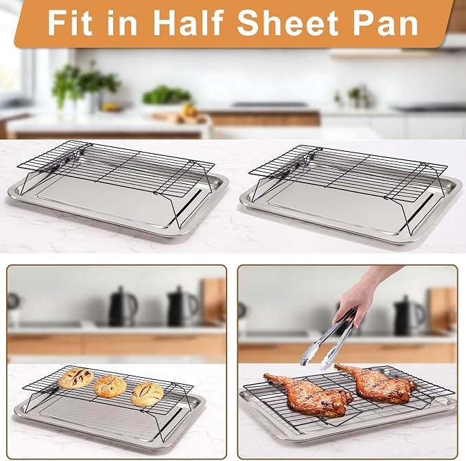Cooling Rack for Cooking Baking 3 Tiers, 16" x 10" Wire Rack, Black | Thick Wire Rack, Oven & Dishwasher Safe, for Roasting, Grilling, Drying, Fits Half Sheet Pan