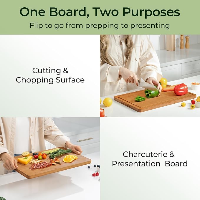 Keechee Carbonized Bamboo Cutting Board for Kitchen, XL Chopping Block | Non Toxic, Resisted-Cracking&Curling, Deep Juice Groove, Side Handles,Cross-Laminated Structure, Knife-Friendly