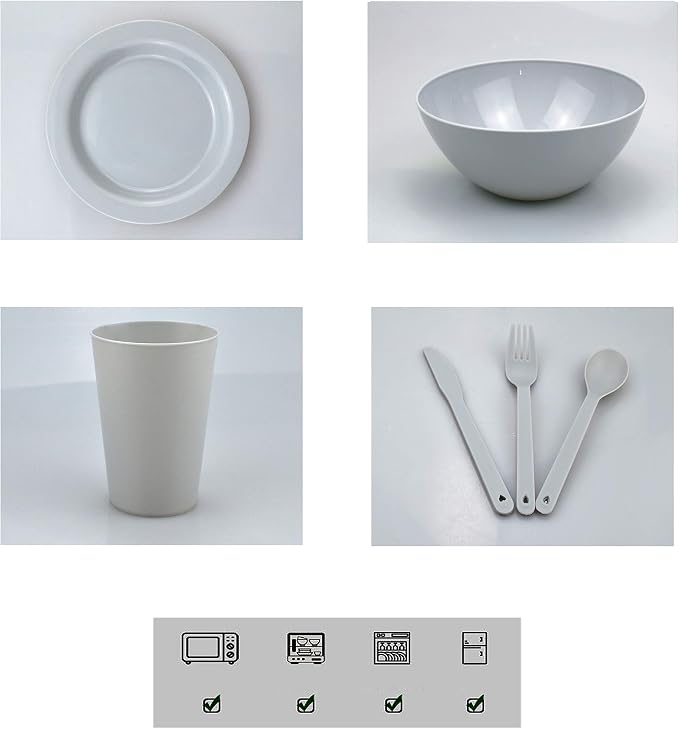 Plastic Plates and Bowls Sets,College Dorm Room Essentials Dishes Set Camping Plates,Dinnerware Accessories Mess Kit-Microwaveoven Safe BPA-Free with Mesh Bag-24PCS
