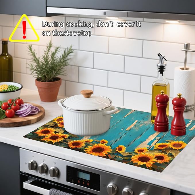 Nuxovilar Wood Sunflower Stove Cover Diatom Mud 28.35x20.47 In | Glass Protector Countertop Mat Counter Saver Cooktop Cover Kitchen Cooking Area Home Decor (Rustic Blue Wood)