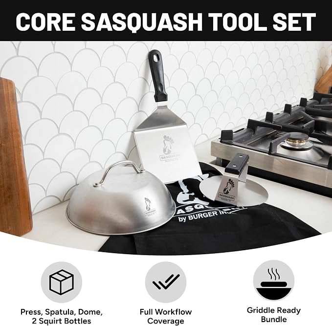 Sasquash Burger Press Kit, Smash Burger Set, Stainless Steel, 5 Piece | Includes Melting Dome, Turner, And Two Squirt Bottles, Complete Griddle And Grill Cooking Bundle Package, Cookout Gatherings