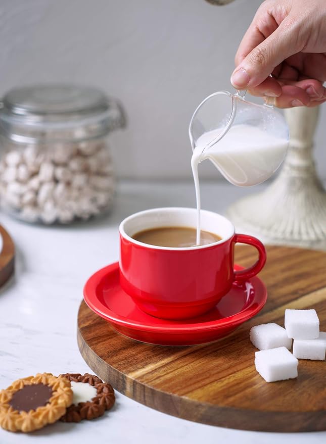 Sweese 4 Ounce Porcelain Stackable Espresso Cups with Saucers and Metal Stand Set of 4, Red
