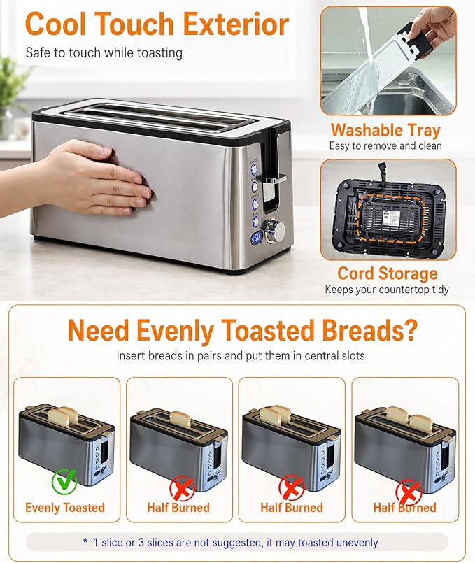 Mecity 4 Slice Toaster, Long Slot Toaster With Countdown Timer, Bagel/Defrost/Reheat/Cancel Functions,Warming Rack, Removable Tray, 6 Browning Settings, Extra Wide Slots, Stainless Steel, 1300W