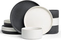 Famiware Star Stoneware Dinnerware Set, Reactive Glaze Plates & Bowls for 4 | 12-Piece Handmade Ribbed Dishes, Chip & Scratch Resistant Ceramic. Microwave & Dishwasher Safe, Rustic Modern, White & Black