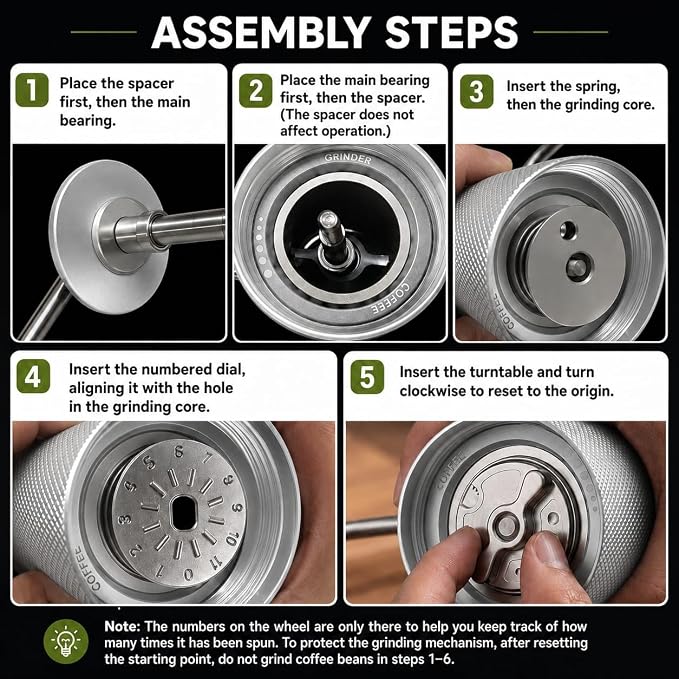 Manual Coffee Grinder - Stainless Steel Burrs, Adjustable Grind Settings, Portable Hand Crank for Espresso, Drip, French Press - Compact, Durable, Ideal for Home & Travel (Silver)
