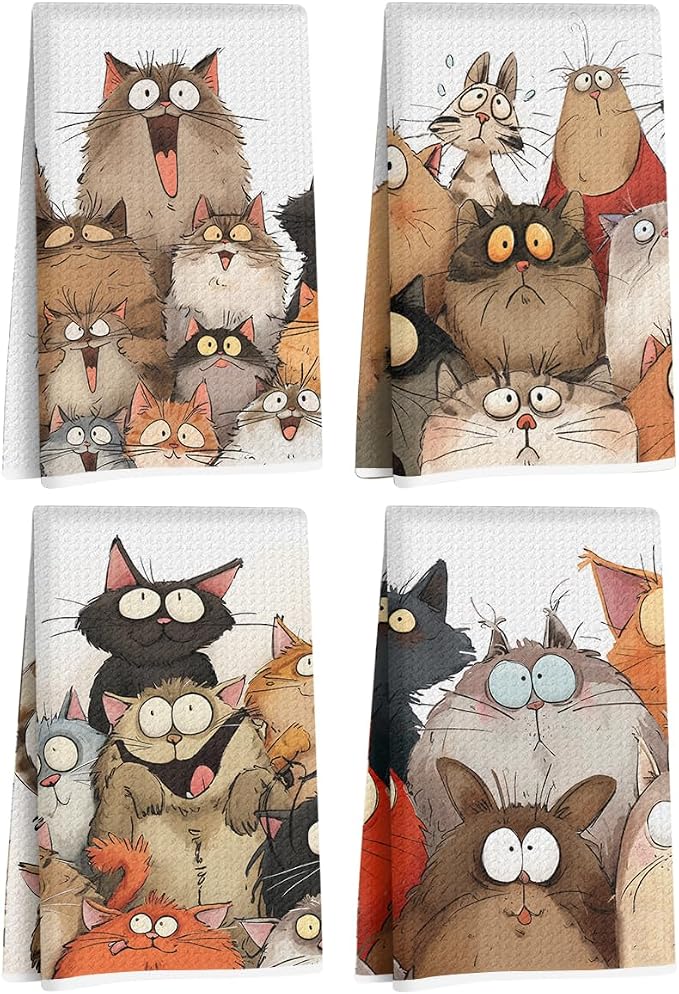 4 Pcs Cute Cat Kitchen Towels, Funny Cats Gifts Absorbent Hand Towels-02 | Cat Dish Cloths for Drying Dishes, Cats Waffle Dish Towels for Kitchen Home Bathroom Decor, Cat Lover Gifts for Women Mom