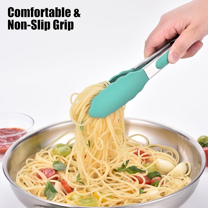 Doosu Kitchen Tongs with Silicone Tips for Cooking Serving (7in, Aqua Sky) | 600°F Heat Resistant Food Tong, Heavy Duty Stainless Steel Locking Tong for BBQ, Grilling Steak, Salad, Toast, Pasta