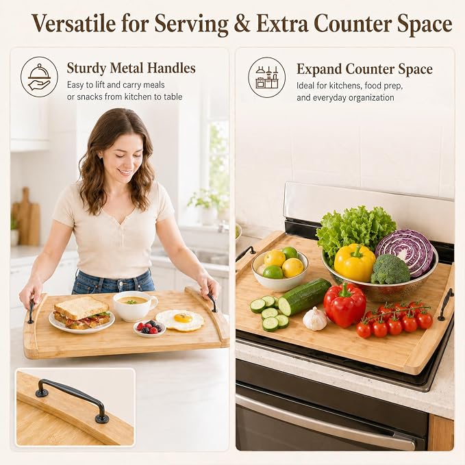 DHARANA Gas Electric Stove Top Cover Wooden Board Burner Glass RV Stovetop | Bamboo Noodle Boards 29*22*1.26