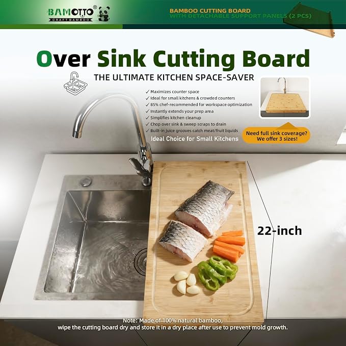BAMOTTO CRAFTBAMBOO 12.6x22 Inch Bamboo Cutting Board, RV Stovetop Cover | 2 Detachable Support Panels | Reversible Juice Groove | Countertop Dishwasher Cover | Over Sink | Natural Bamboo