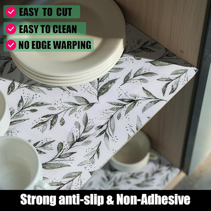 Shelf Liners Non Adhesive and Strong Non-Slip 16IN x 10FT | Shelf and Drawer Liners for Kitchen Cabinet Wire Fridge, Waterproof Shelf Drawer Liner,Easy to Clean,Green Leaf