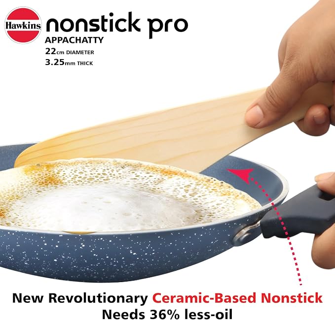 Hawkins Nonstick Pro 0.9 Litre Appachatty, Mini Kadhai, Appachatti, Appachetty, Appam Pot Maker, Deep Fry Pan with Glass Lid, Granite Kadai