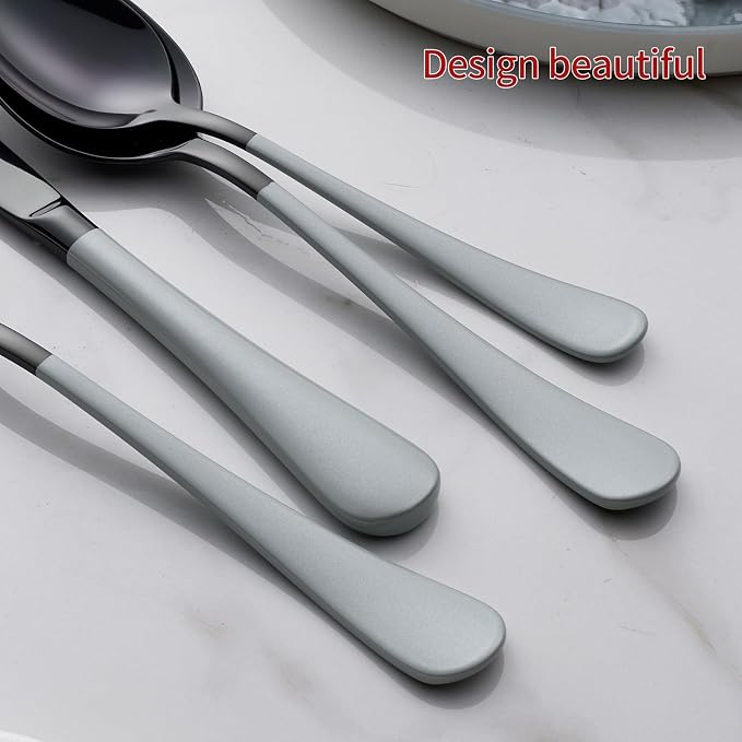 20-Piece Black Silverware Set 18/0 Stainless Steel Flatware Gray Handle Cutlery Set Service for 4 Dinner Knives Forks Spoons Set Mirror Finish Dishwasher Safe