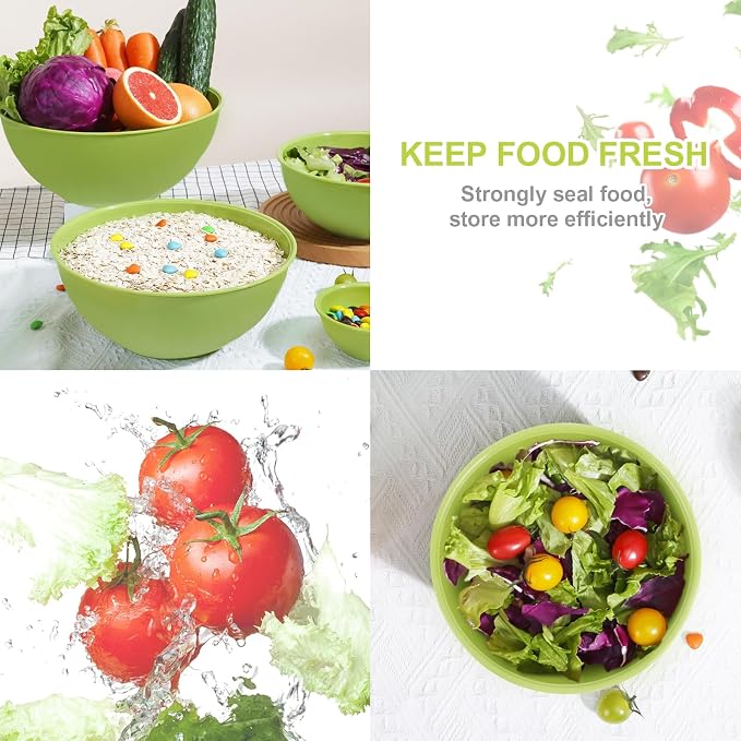 BoxedHome BPA Free Plastic Round Mixing Bowl with Lids, 12 Pack Nesting Bowls with Lids Set, Microwave and Dishwasher Safe Prep & Serving Bowls Great for Mixing, Baking, Serving (Light Green, 12pcs)