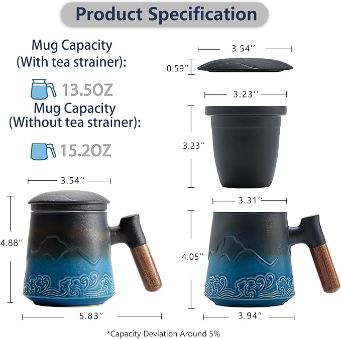 ZENS Tea Cup with Infuser and Lid for Loose Leaf Tea Steeper, 15oz Blue | Embossed Ceramic Tea Infuser Mug with Fine Strainer for Herbal Tea Lovers Gifts, Nature Wood Handle