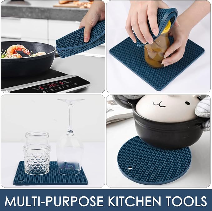 Silicone Trivets for Hot Dishes, 4 PCS Multipurpose Heat Resistant Mat Thick Silicone Hot Pads Pot Holders for Kitchen Counter, Flexible Jar Opener Food Grade Spoon Holder, Indigo Coasters