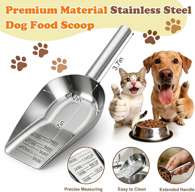 Dog Food Scoop Stainless Steel with Long Handle, Precise Measuring Cups | 1.5, 1 1/4, 1, 3/4, 1/2 Cup, Pet Scoop for Cats, Rabbits, Animals, Metal Spoon for Dog Food Storage (1.5CUP)