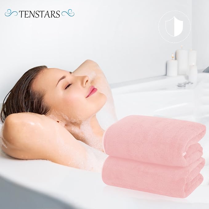 TENSTARS Silk Hemming Bath Towels for Bathroom Clearance - 27 x 55 inches - Light Thin Quick Drying - Soft Microfiber Absorbent Towel for Bath Fitness, Sports, Yoga, Travel, Gym - 2 Pack, Pink