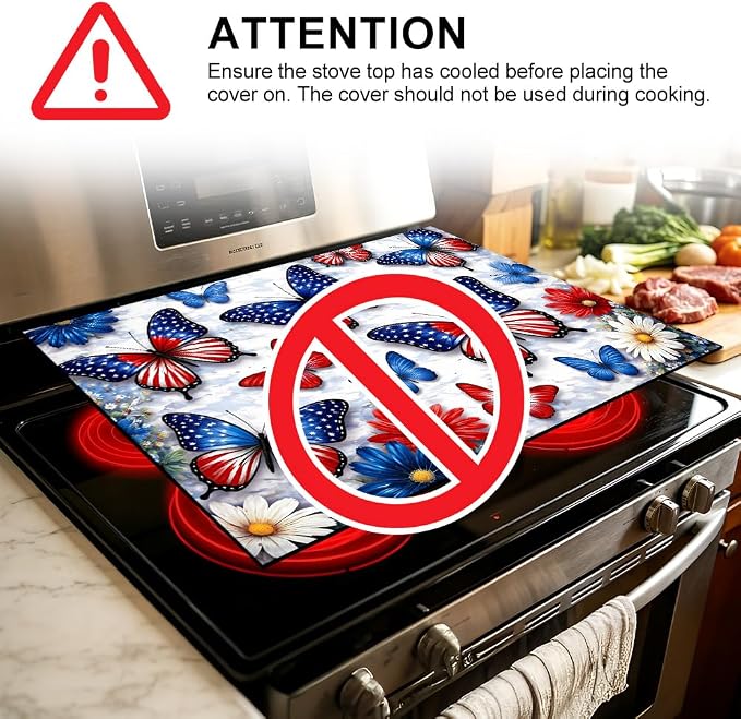 American Flag Butterfly Patriotic Stove Top Cover 28.35x20.47in | American flag butterfly patriotic stove top cover 28.35x20.47 in; red white blue cooktop mat dishwasher safe machine washable