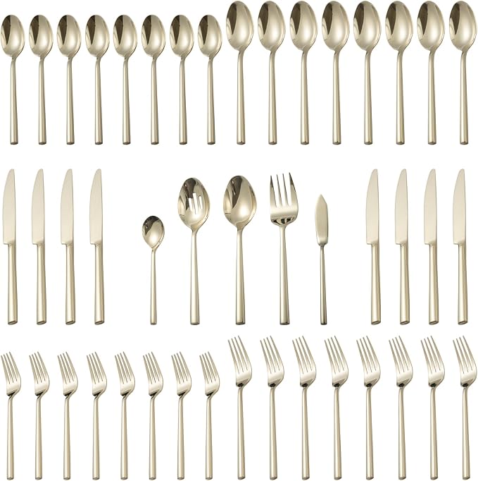 Alata Potter Champagne Gold 45-Piece Forged Silverware Set with Utensil-Serving Set, Service for 8, Stainless Steel Flatware Set, Modern Design with Mirror Finish, Ideal for Home, Kitchen, Party