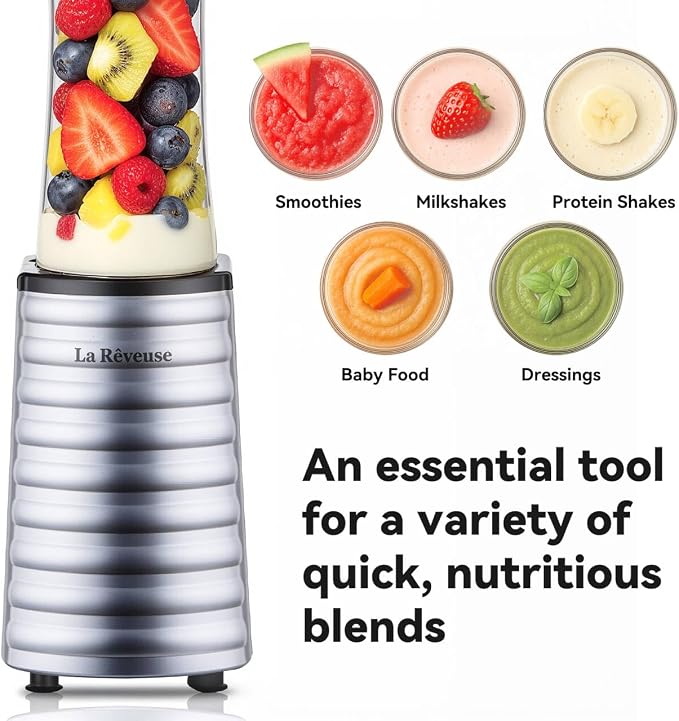 La Reveuse Personal Size Blender for Protein Shakes and Smoothies, Silver | 18oz BPA-free Portable Bottle with Spout Lid, Push to Blend, Suitable for Home, Apartment, Office, Dorm, 300 Watts, LARB1801S