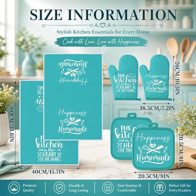 Sratte 6 Pcs Kitchen Decor Accessories Set, Kitchen, Light Teal | Farmhouse Kitchen Towels Pot Holders Oven Mitts Set 2 Dish Towels 2 Potholders 2 Cooking Mittens for Baking Cooking Supply
