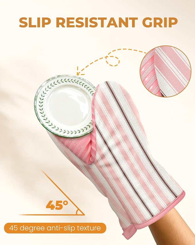 100% Thick Cotton Mini Oven Mitts Silicone Grip Pink Stripe | Elegant Classic Oven Mitts for Women, Machine Washable, Non-Slip, Reversible Design Fits Both Hands, Stylish Kitchen Decor