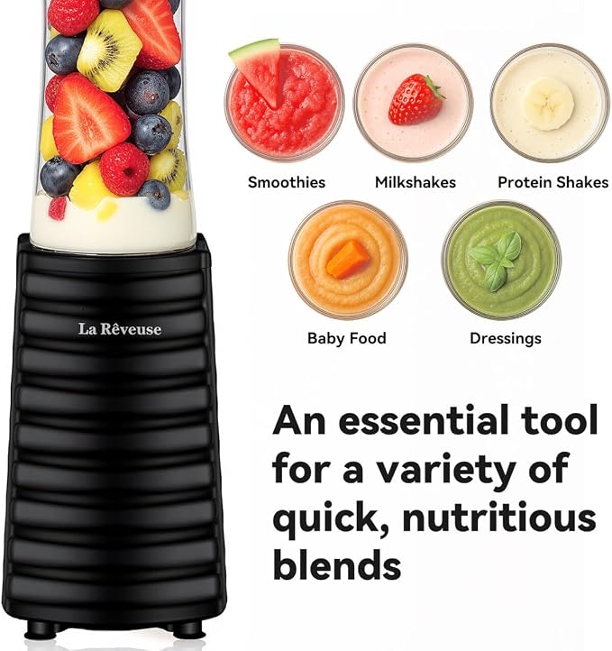 La Reveuse Personal Size Blender for Protein Shakes and Smoothies, Black | 18oz BPA-free Portable Bottle with Spout Lid, Push to Blend, Suitable for Home, Apartment, Office, Dorm, 300 Watts, LARB1801B