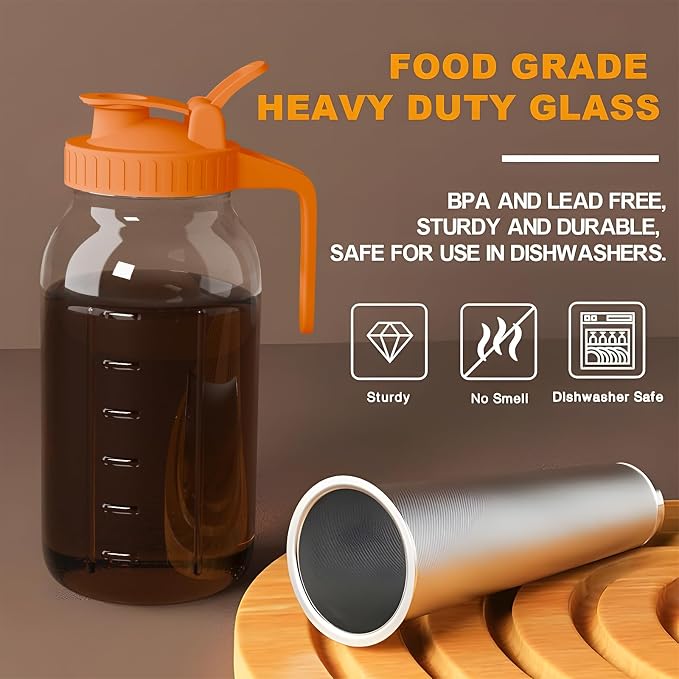 Cold Brew Coffee Maker, 64 oz Glass Mason Jar Pitcher | 100μm stainless steel filter, wide mouth design, leak-proof lid with handle, pour spout for iced coffee, tea and cold drinks