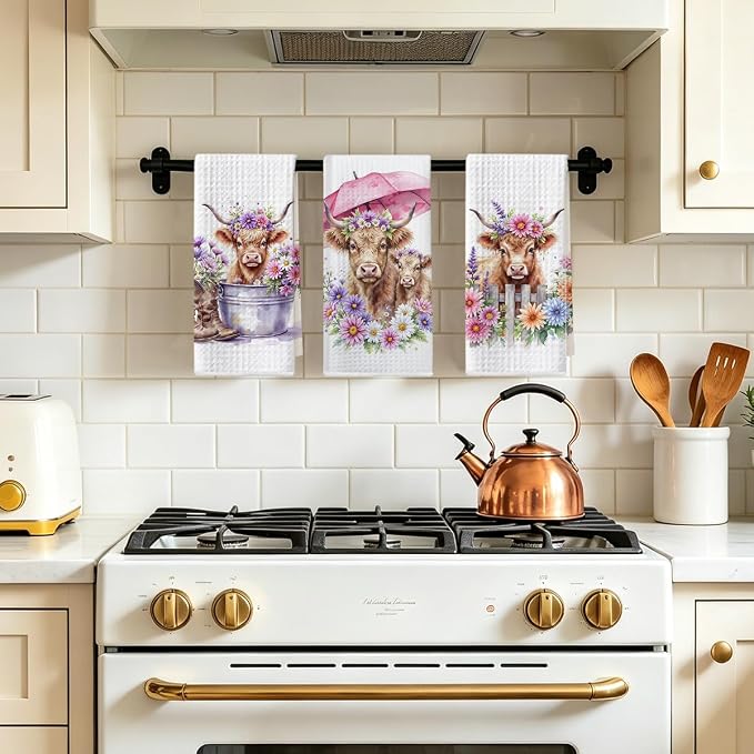 Jztco 3 Pcs Cow Kitchen Towels, Colorful Flower Soft Absorbent Hand Towels | Cow Gifts for Women Grandma Mom, Microfiber Dish Cloths for Drying Dishes, Waffle Dish Towels for Kitchen Bathroom Decor