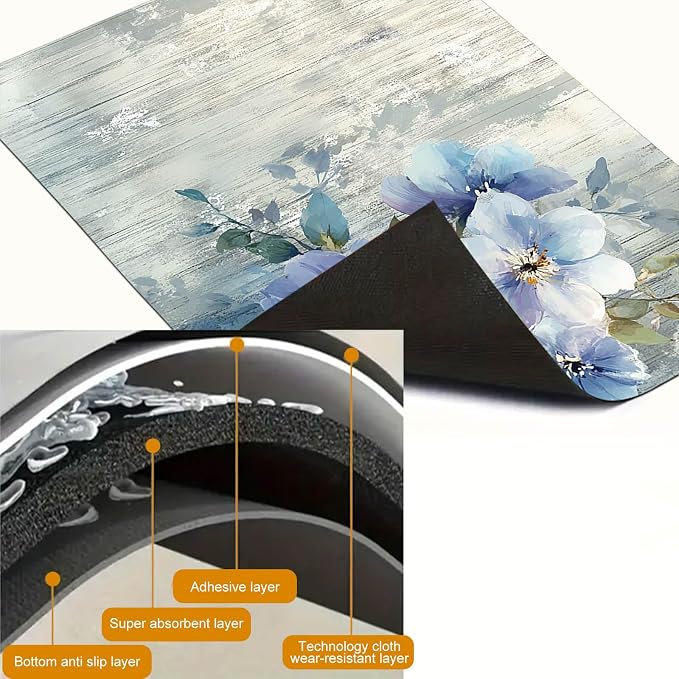 HOMETITUTE Blue Blossom Stove Top Cover 28x20 Elegant Floral Diatomite Mat