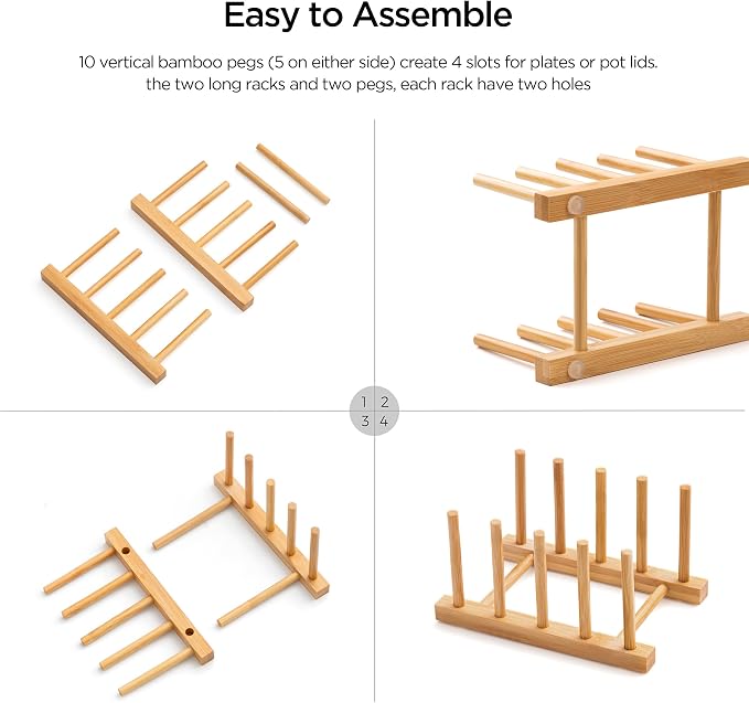 Bamboo Dish Drying Rack for Kitchen Counter & Cabinet (4 Slots) | Detachable Dish/Book/Plate/Bowl/Cup/Cutting Board/Pot Lid Organizer for Kitchen, Living Room, Study, Display Cabinet