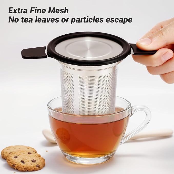 Tifanso Fine Mesh Stainless Steel Reusable Tea Infuser with Double Handles | Heat Resistant Grip, For Loose Leaf Tea Steeping, Fits Most Mugs & Cups, Rustproof Durable, Easy to Clean
