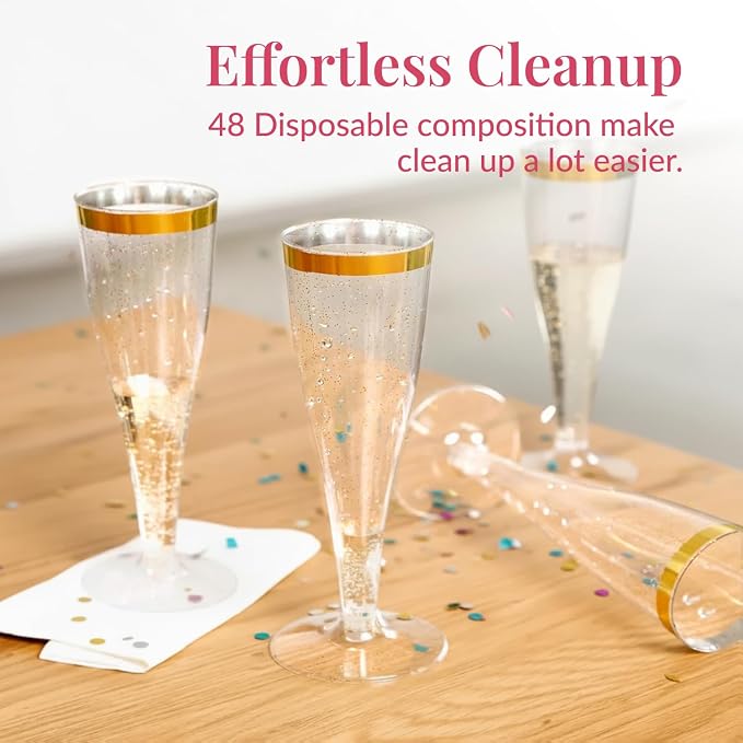 Prestee 48 Disposable Plastic Champagne Flutes With Gold Rim Glitter - Clear Toasting Glasses for Mimosa, New Year’s Eve Party, and Elegant Celebrations - Premium Quality Disposable Stemware