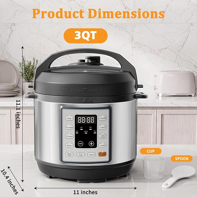 NEWBULIG 10-In-1 Electric Pressure Cooker, 3 Quart Multi Cooker for Rice, Stew and Steam, Small Programmable Stainless Steel Pot with Slow Cook Function and Ceramic Inner Pot