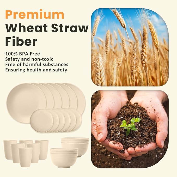 24 PCS Premium Wheat Straw Dishes Set for 6, Reusable Plates and Bowls Sets,Cups,Lightweight & Unbreakable Dishwasher and Microwave Safe Dinnerware Sets for Kitchen,Outdoor- Beige