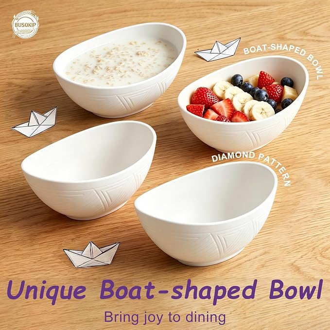 Soup Bowls Sets of 6, Unbreakable Wheat Straw Bowls 26oz, Oval Kitchen Bowls for Fruit, Ramen, Salad, Microwave and Dishwasher Safe Plastic Serving Bowls for Party, Apartment, Dorm - White