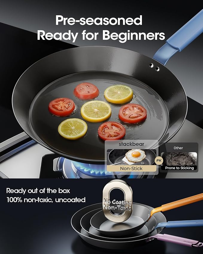 Carbon Steel Frying Pan Set, 8 10 12 Inch Nitrided Skillets | Complete Size Range for Everyday Cooking; Preseasoned Surface Develops Natural Patina without Coatings