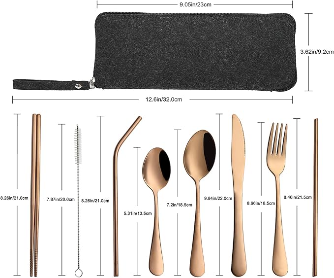 Portable Travel Utensils, Reusable Silverware with Case for Fixing Tableware, 9 Pieces Stainless Steel Stable Flatware Set, Camping Picnic Cutlery Set (Rose Gold Set)