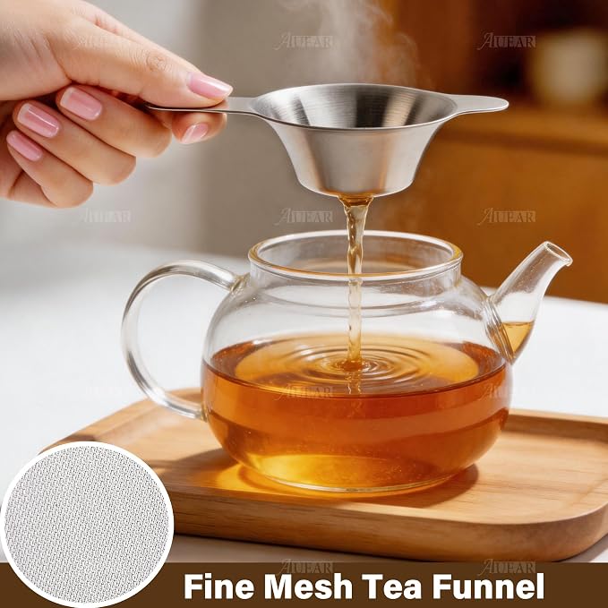 AUEAR, 4 Pack Stainless Steel Tea Strainer Fine Mesh Infuser Funnel Different Size Leaf Filter with Double Handles for Coffee Flour Sugar