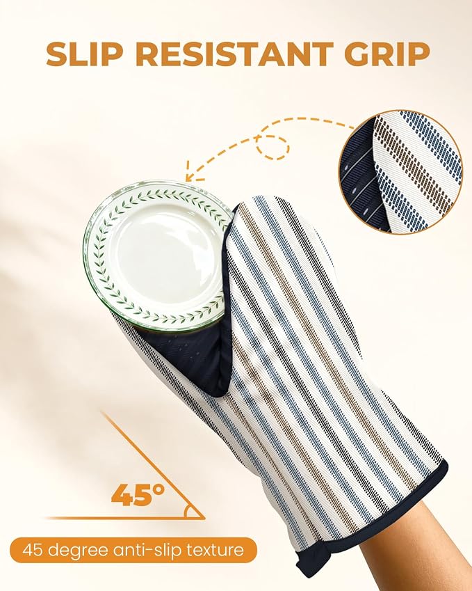 100% Thick Cotton Mini Oven Mitts Silicone Grip Colorful Stripe | Elegant Classic Oven Mitts for Women, Machine Washable, Non-Slip, Reversible Design Fits Both Hands, Stylish Kitchen Decor
