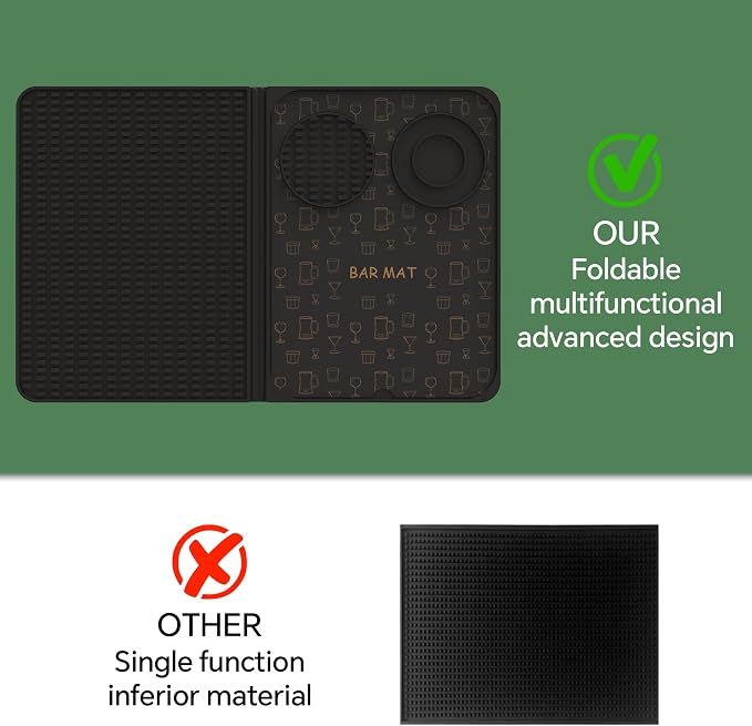 3-in-1 Folding Bar Mat with Cutting Board, 18"x12" Silicone Countertop Bar Mat for Cocktails & Bartending - Quick-Dry Design Doubles as Dish Drying Mat & Meal Prep Station, Non-Slip