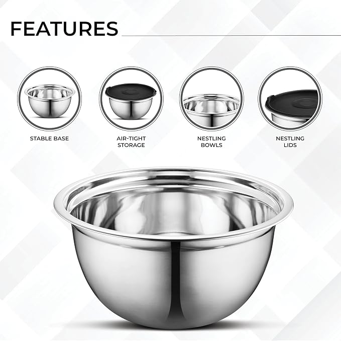 Premium Brushed Stainless Steel Mixing Bowls Sets, Easy To Clean, Space Saving, Great for Cooking, Baking, Prepping Needs 0.25qt, 1qt, 1.5qt, 3qt, 5qt (8 pc with Lid and Grater)