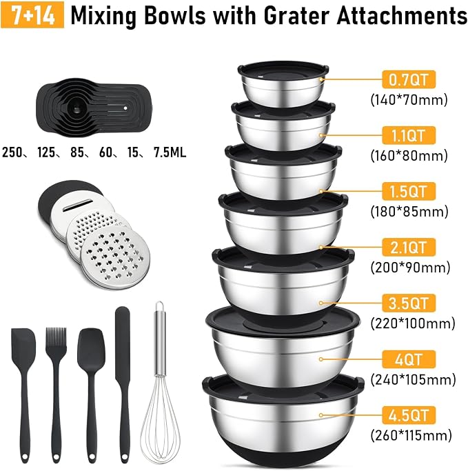 Unokit Mixing Bowls with Lids Set - 7 Pcs Stainless Steel Mixing Bowls Non-Slip Silicone Base Mixing Bowl Set for Kitchen with 3 Grater Attachments
