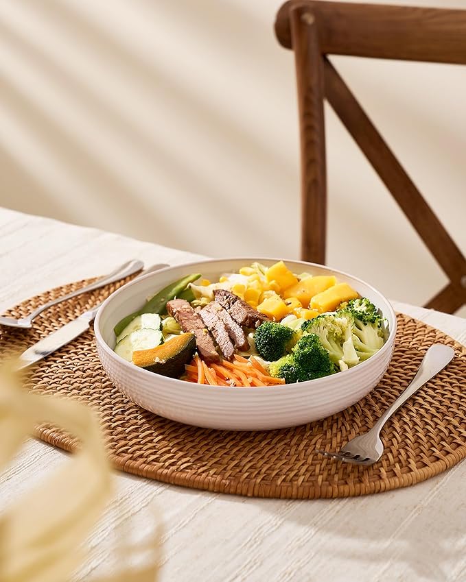 famiware Milkyway 33 oz Pasta Bowls Set of 6, White Thread | Double Reactive Glaze, Scratch-Resistant Stoneware Salad Bowls, Stackable, Dishwasher & Microwave Safe, Lead-Free