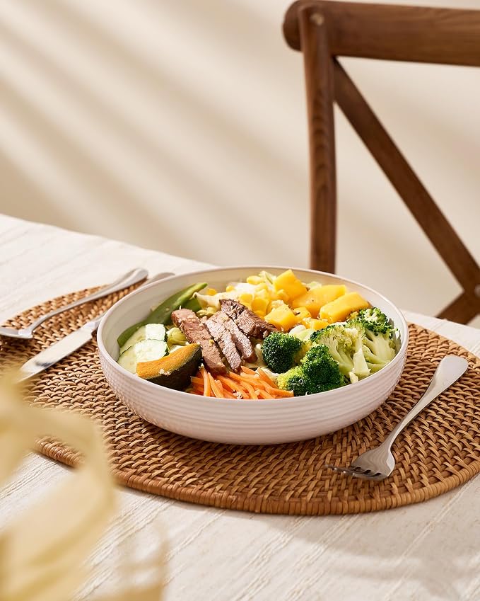 famiware Milkyway 33 oz Pasta Bowls Set of 8, White Thread | Double Reactive Glaze, Scratch-Resistant Stoneware Salad Bowls, Stackable, Dishwasher & Microwave Safe, Lead-Free