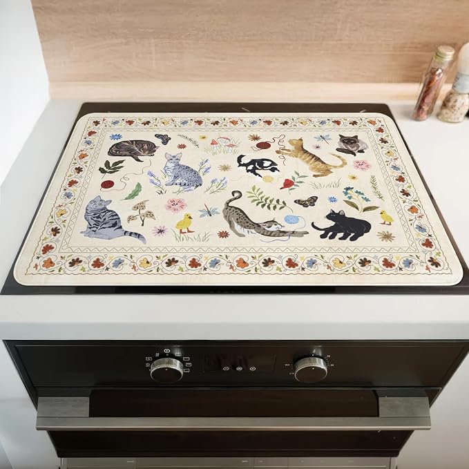 Boho Glass Stove Top Cover for Electric Stoves,Flower Floral Animal Cat Farmhouse Stove Top Cover for Kitchen Decor,Heat Resistant Cooktop Protector Mat,Non-Slip Washable Dish Drying Mat 28"x20"