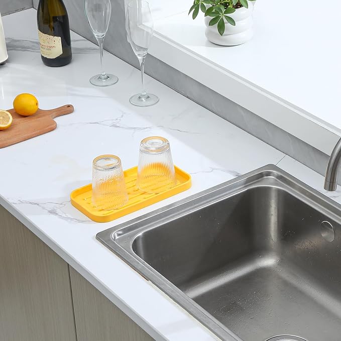 MicoYang Silicone Kitchen Sink Organizer Tray for Multiple Usage,Easy Clean,Eco-Friendly Sponges Holder for Kitchen Bathroom Counter or Sink,Dish Soap Dispenser,Scrubber,Bottle,Cup Yellow 10”x 5.3”